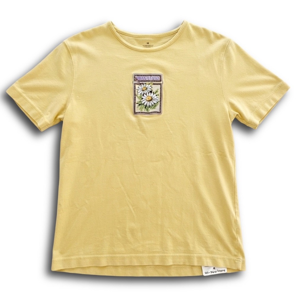 Classic Elements Women Yellow Shasta Daisy Embroidered Short Sleeve T-Shirt L